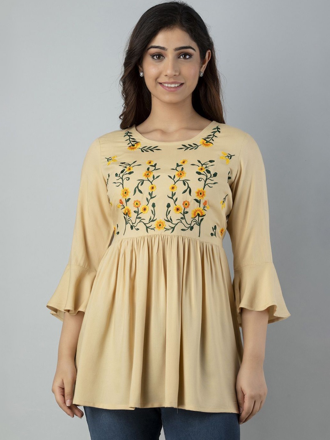 

AAFAMI Women Floral Printed Round Neck Cotton Top, Beige