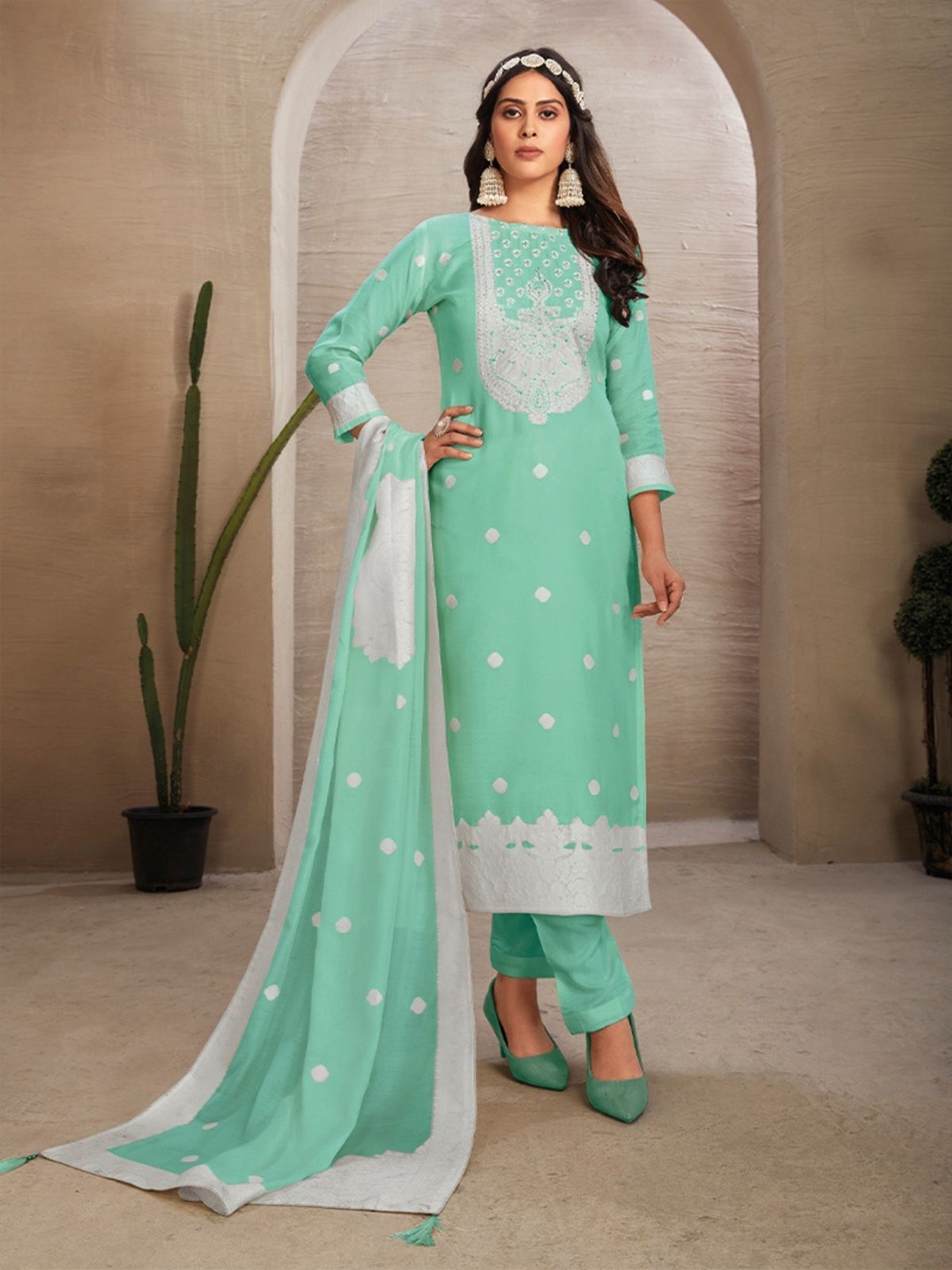 

ODETTE Floral Embroidered Sequinned Organza Semi-Stitched Dress Material, Green