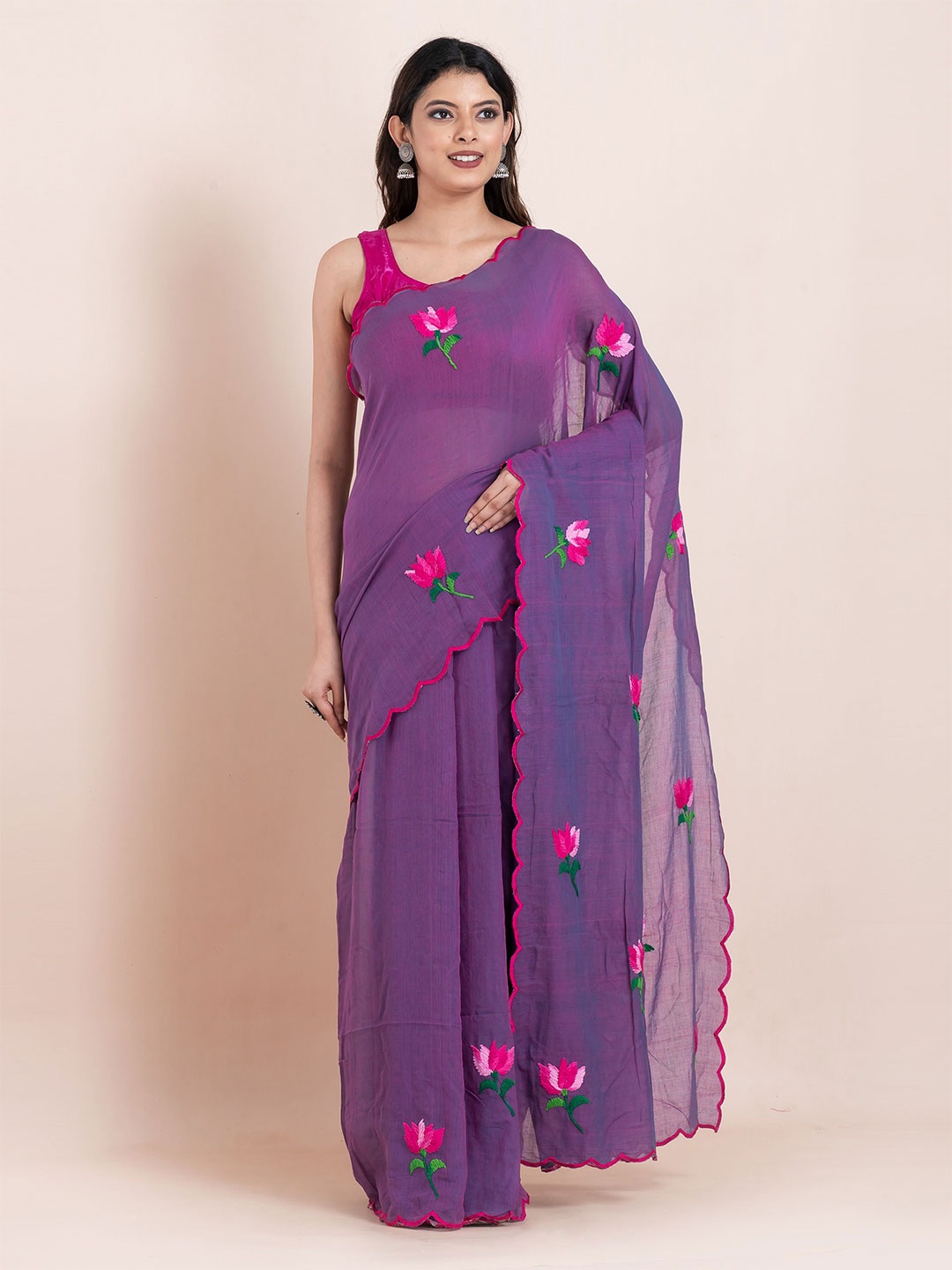 

ShopAaMe Floral Schiffli Pure Cotton Saree, Purple