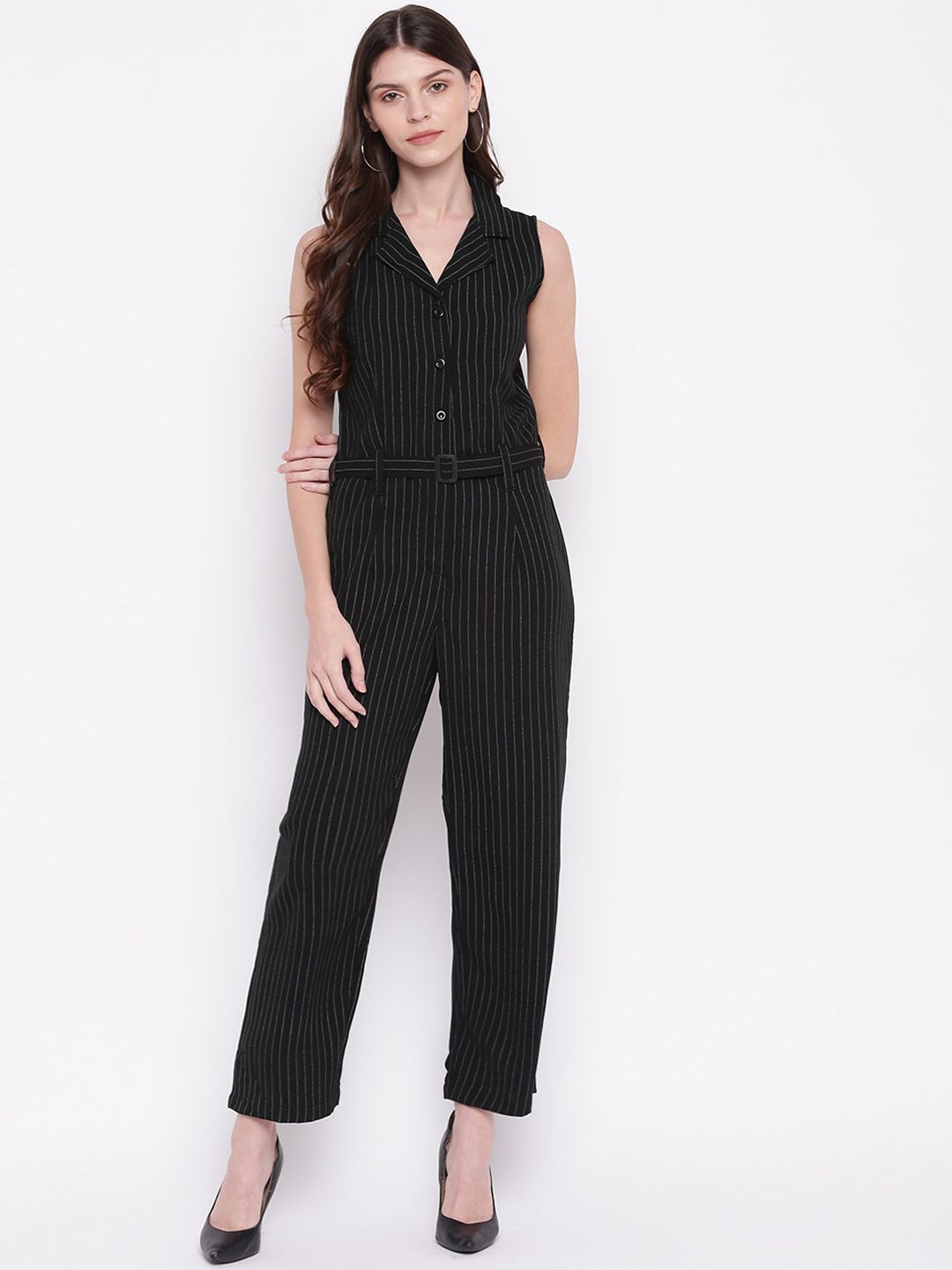

DressBerry Striped Lapel Collar Culotte Jumpsuit, Black
