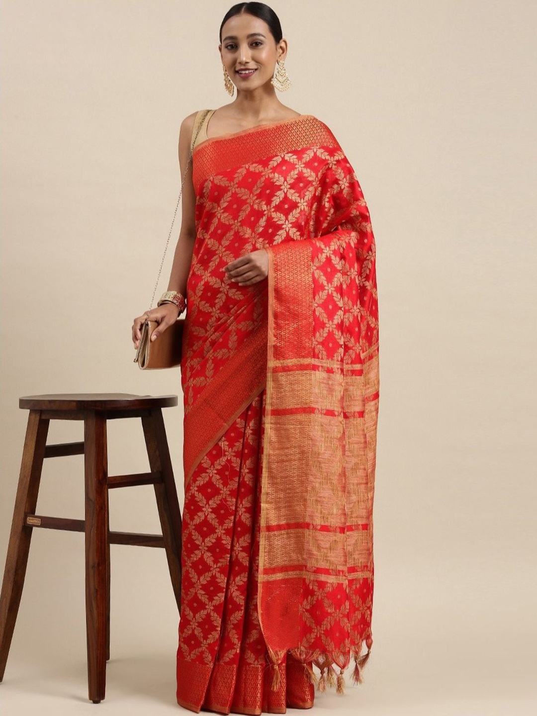 

DIVASTRI Woven Design Zari Silk Cotton Banarasi Saree, Red