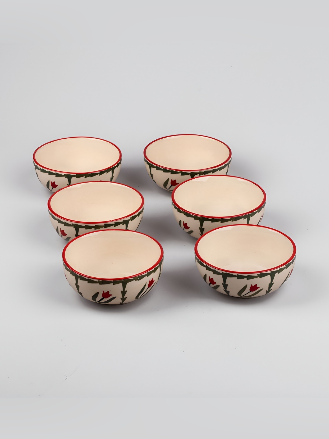 

Storepedia Cream & Red 6 Pieces Printed Ceramic Serving Bowls 200 ml Each
