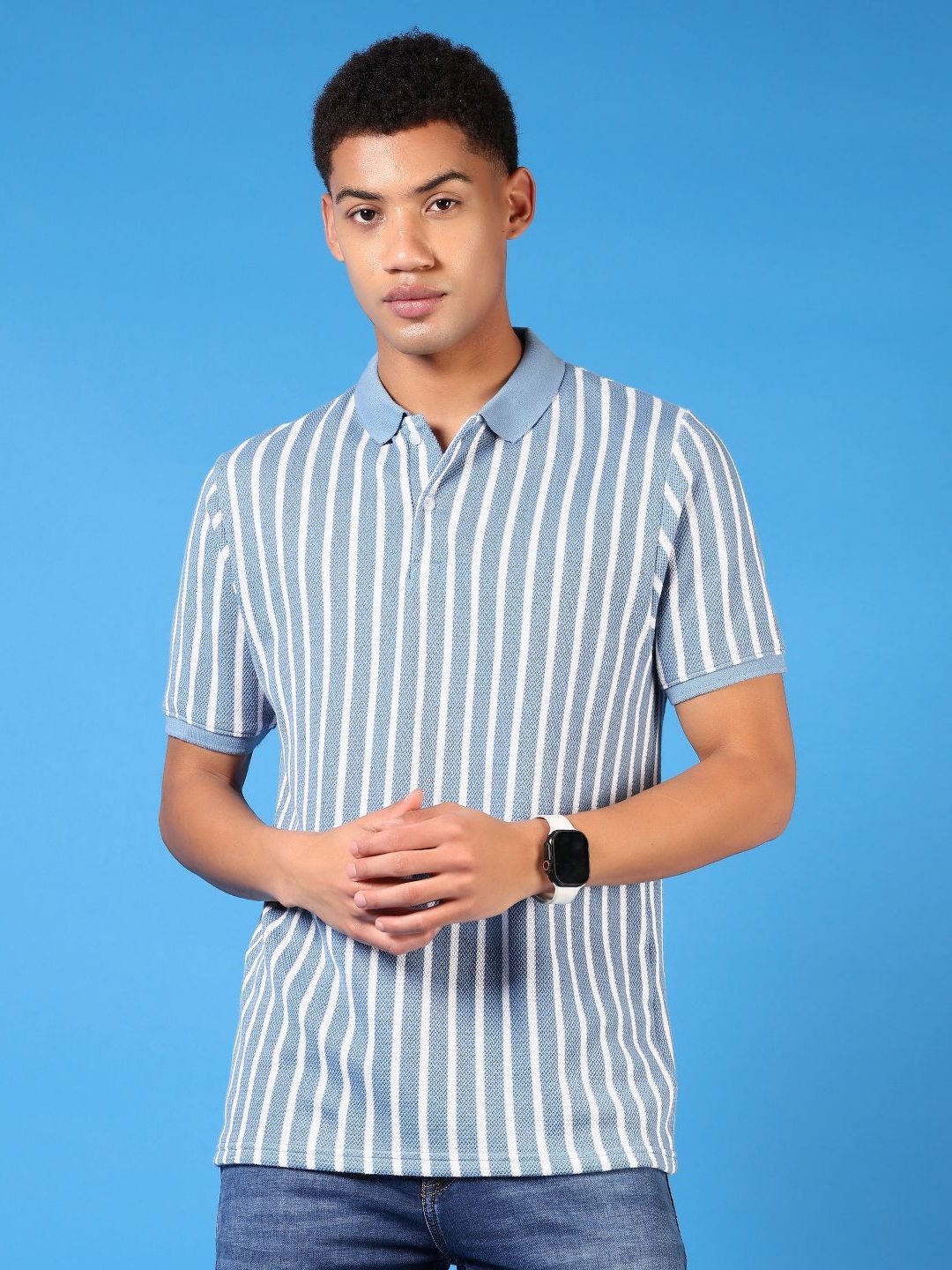 

V-Mart Men Striped Polo Collar Cotton T-shirt, Blue