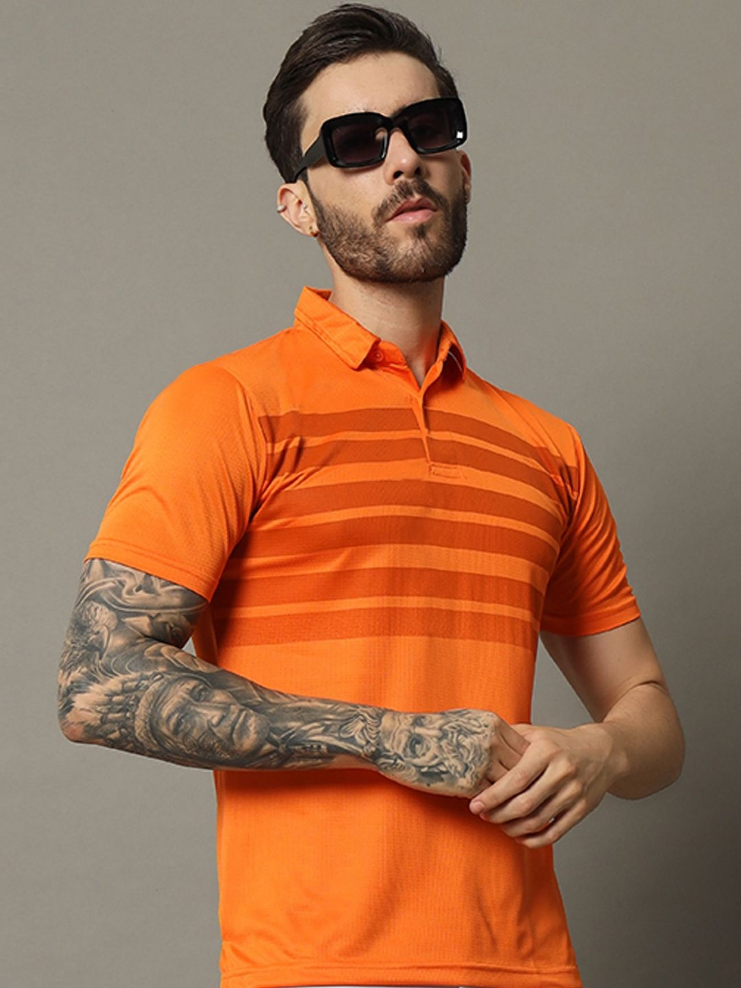 

RENUOVO Men Colourblocked Polo Collar Extended Sleeves Pockets T-shirt, Orange
