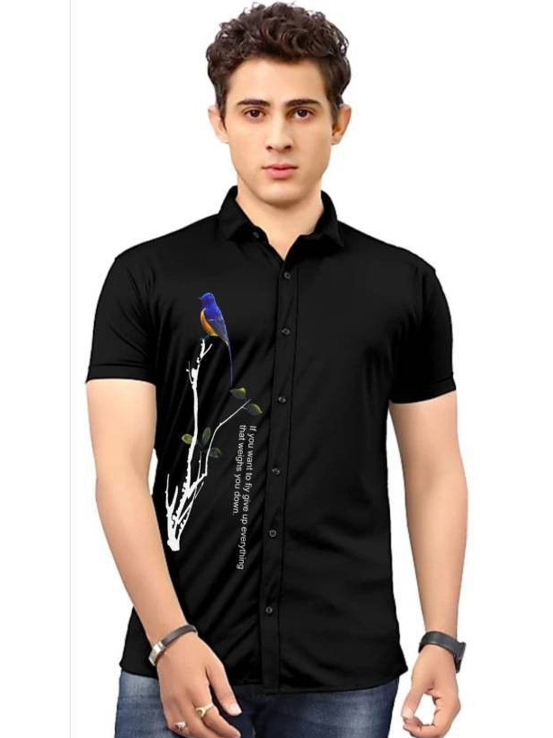 

iCome Men Spread Collar Graphic Printed Casual Shirt, Black