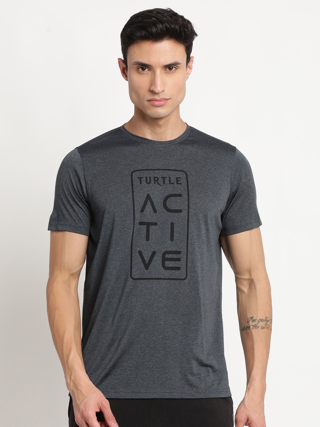 

Turtle Typography Printed Round Neck Casual T-shirt, Charcoal