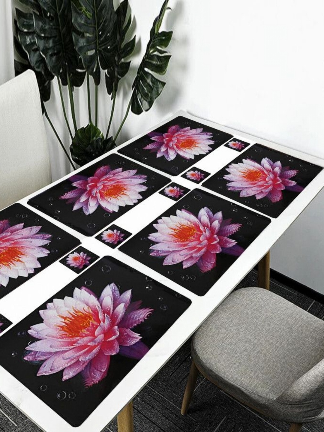 

REVEXO Black & Pink 12 Pieces Floral Printed Table Placemats & Coasters