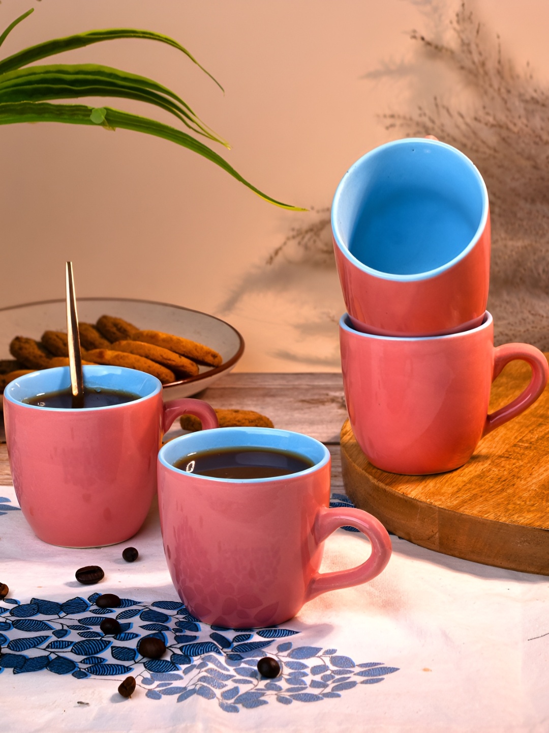 

Storepedia Peach-Coloured & Blue Handcrafted Solid Ceramic Glossy Cups Set of Cups and Mugs