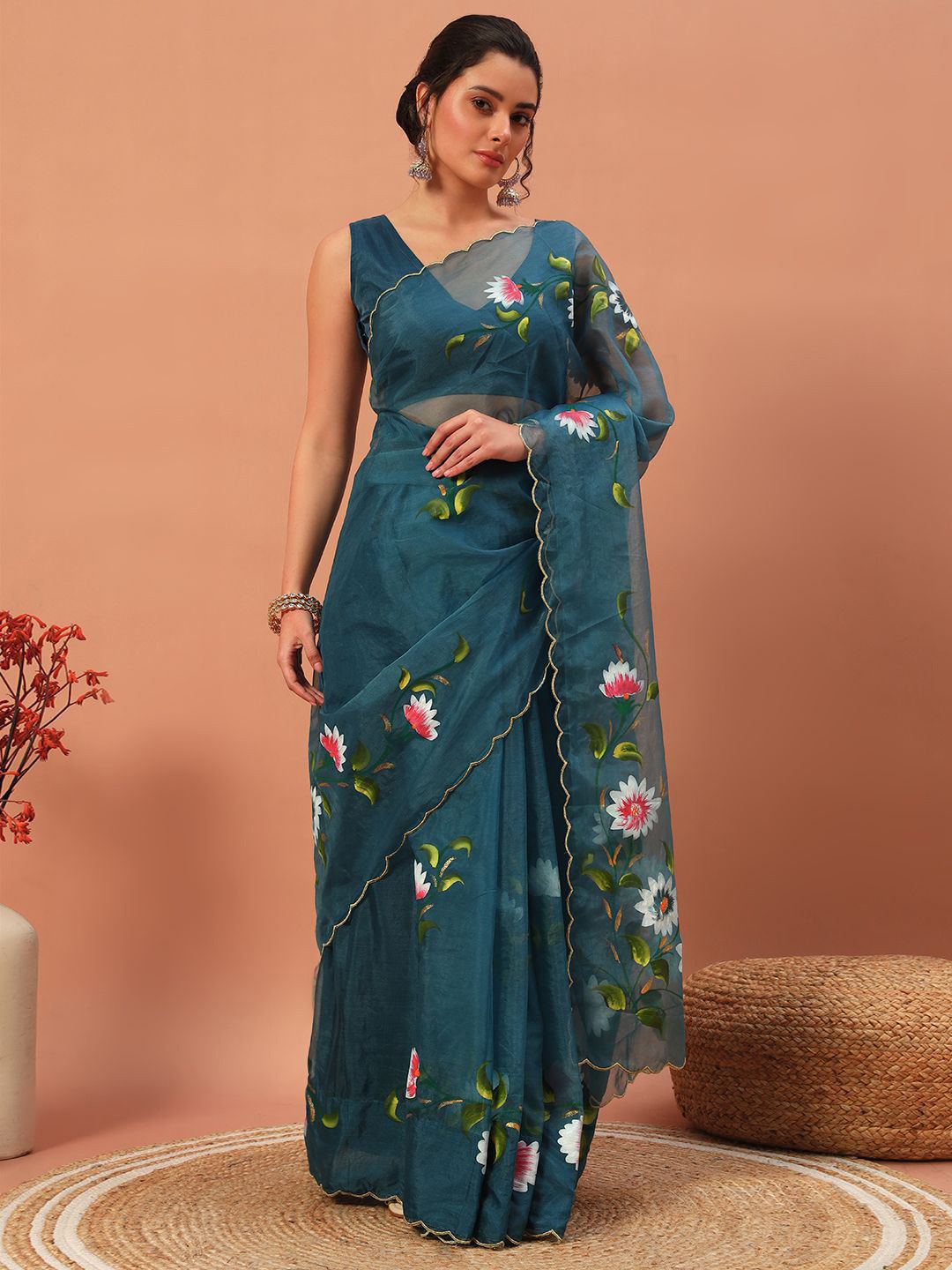 

Meeranshi Floral Printed Organza Saree, Blue