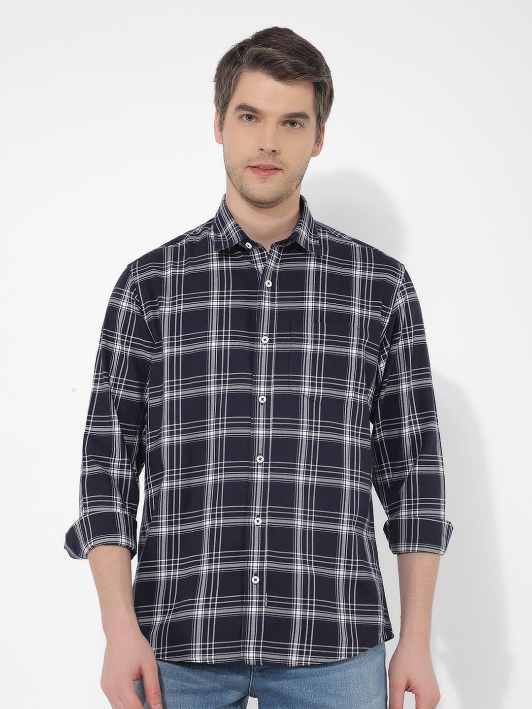 

Numero Uno Men Slim Fit Spread Collar Tartan Checked Cotton Casual Shirt, Navy blue