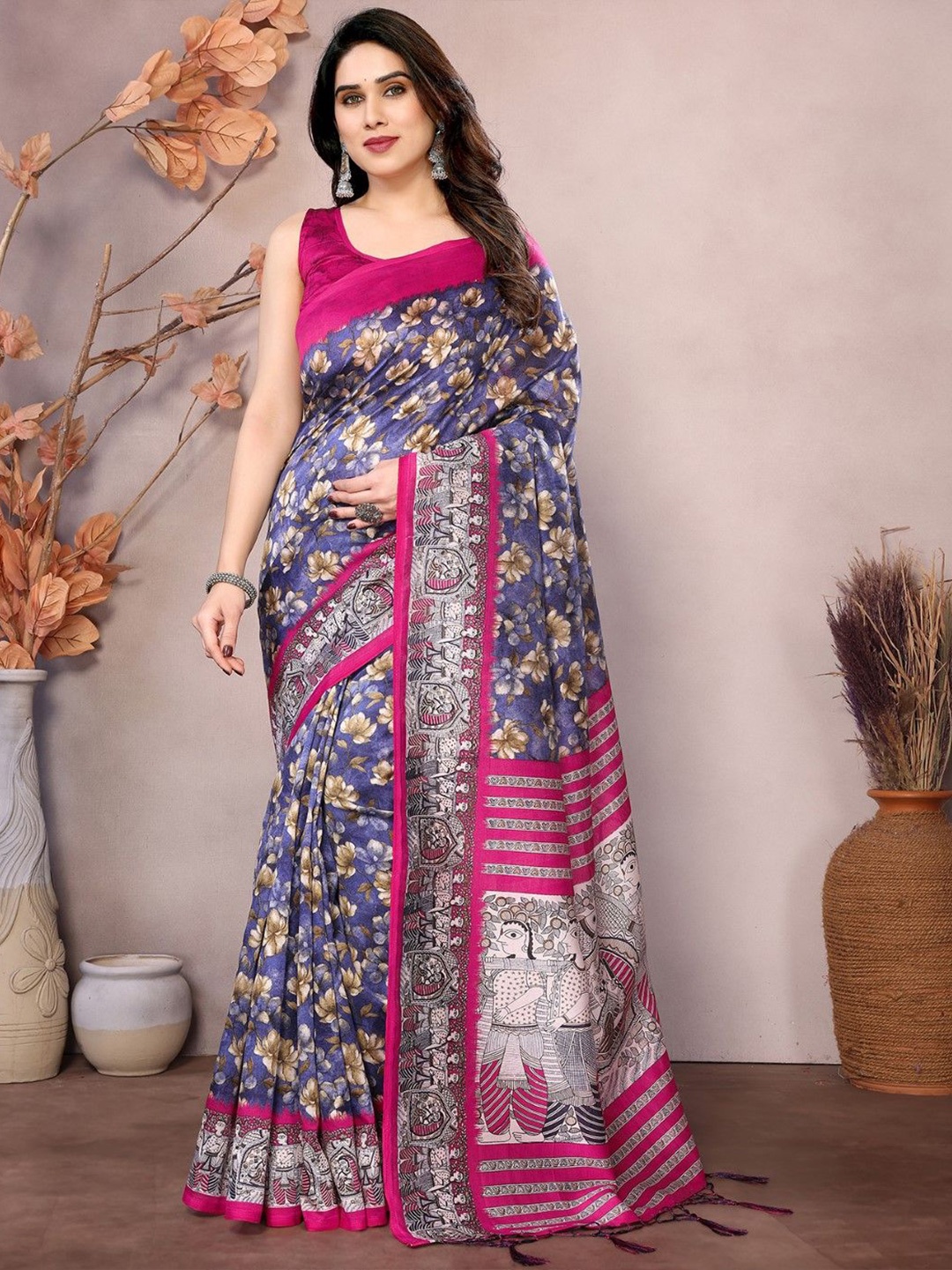 

KALINI Floral Printed Saree With Blouse Piece, Navy blue