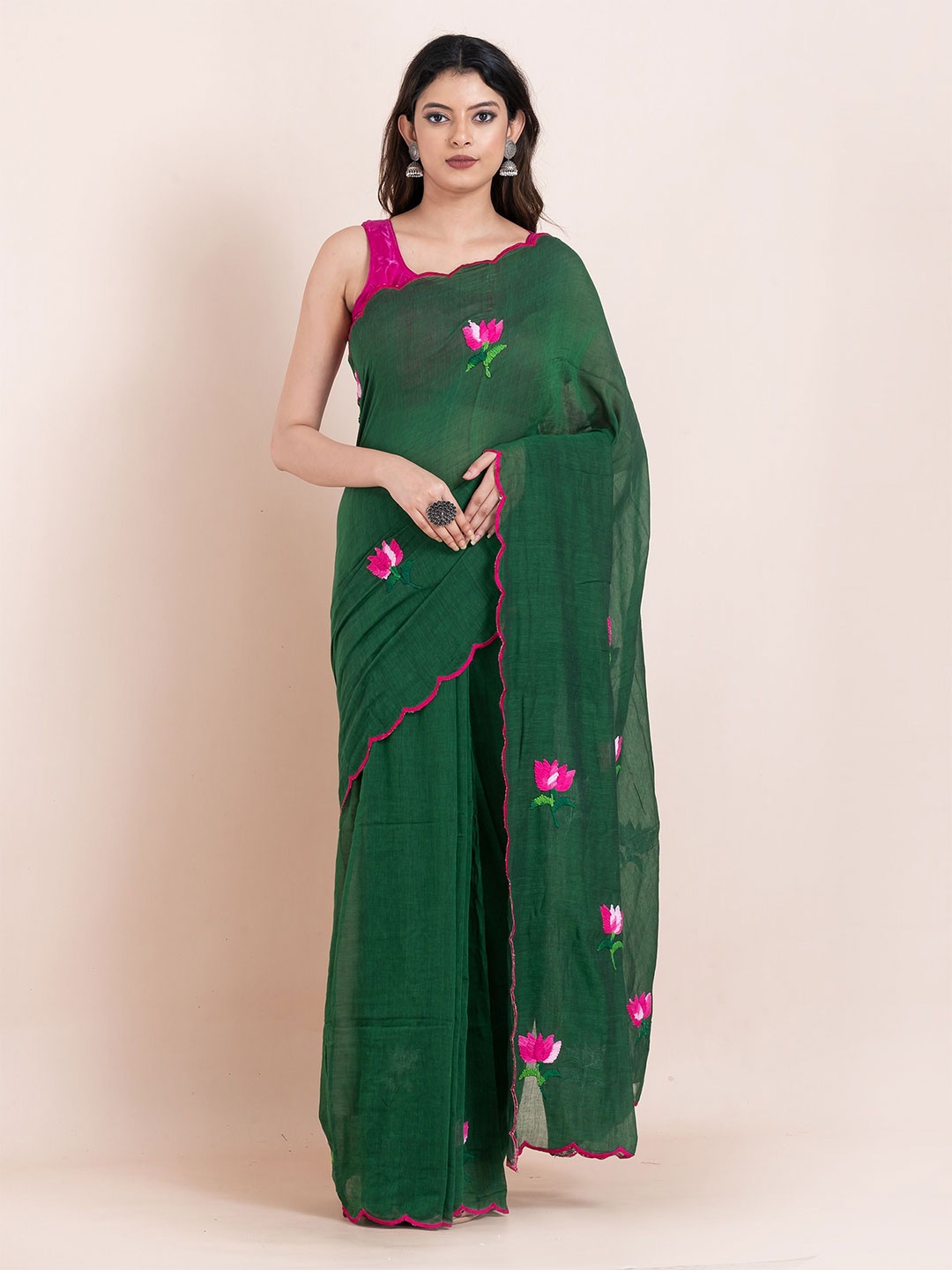 

ShopAaMe Floral Schiffli Pure Cotton Saree, Green