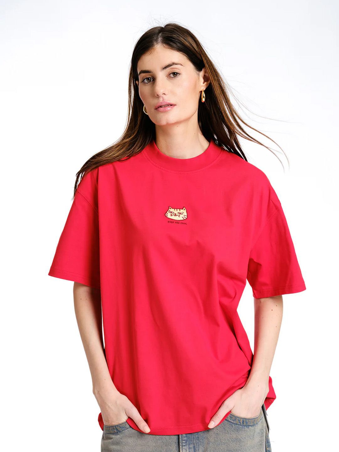 

Bonkers Corner Women Solid Round Neck Cotton Oversized T-shirt, Pink