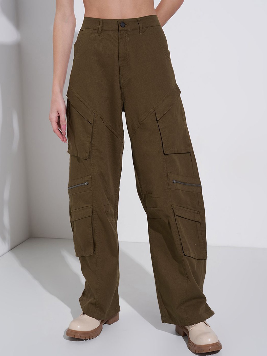 

SF JEANS by Pantaloons High Rise Pure Cotton Trousers, Olive