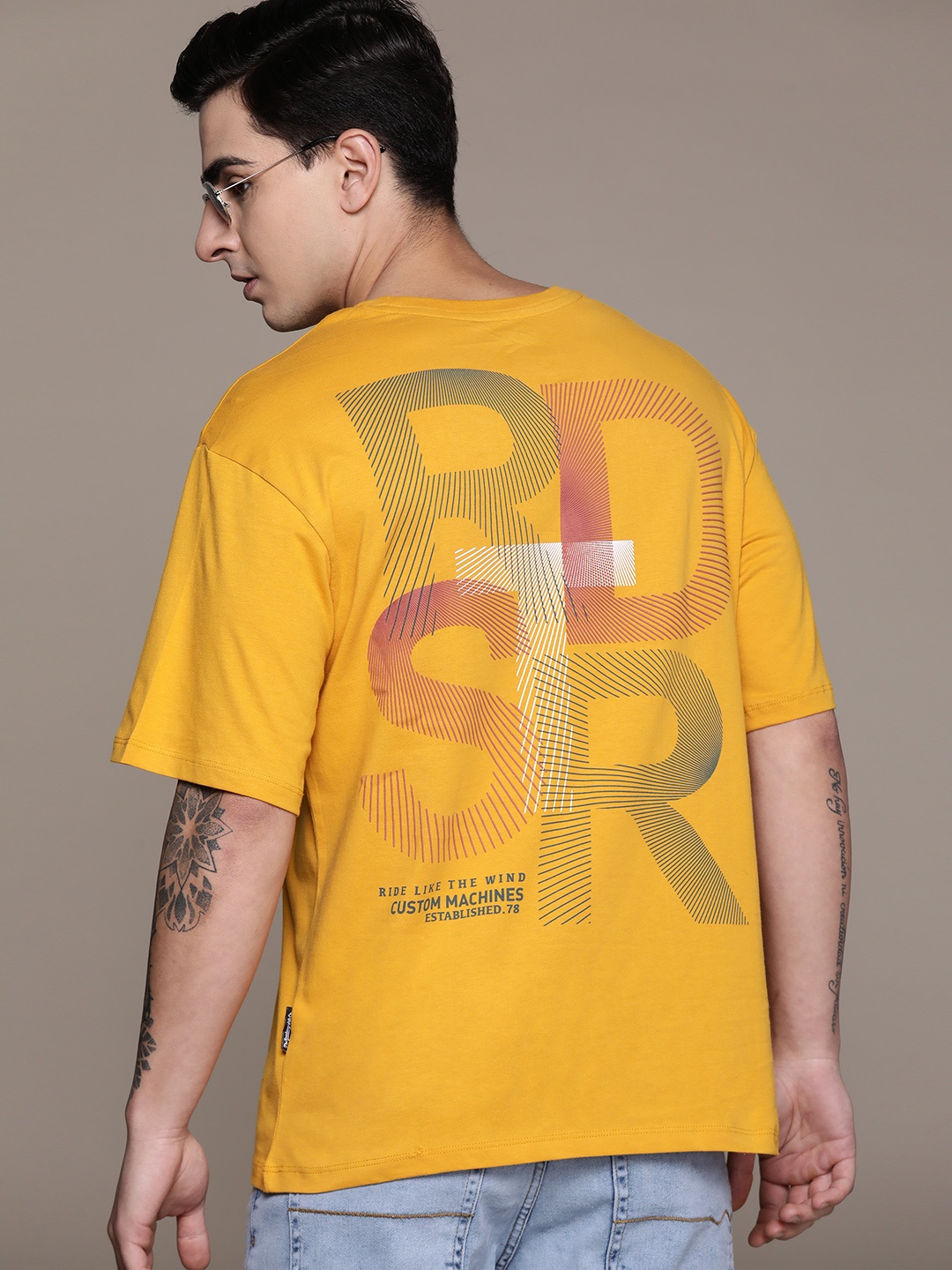 

The Roadster Lifestyle Co. Brand Logo Printed Drop-Shoulder Sleeves Pure Cotton T-shirt, Mustard