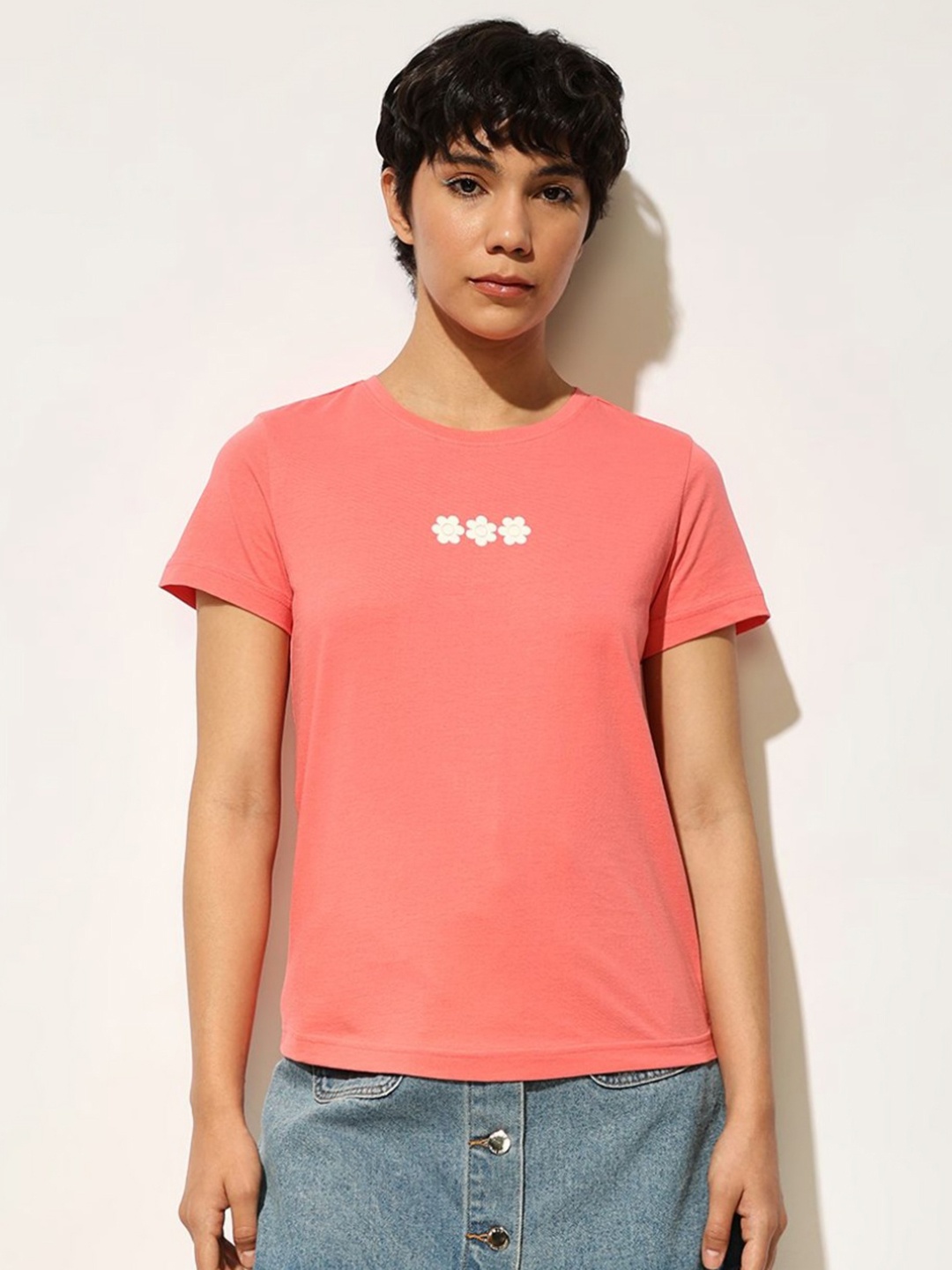 

ONLY Women Floral Printed Round Neck Cotton T-shirt, Pink