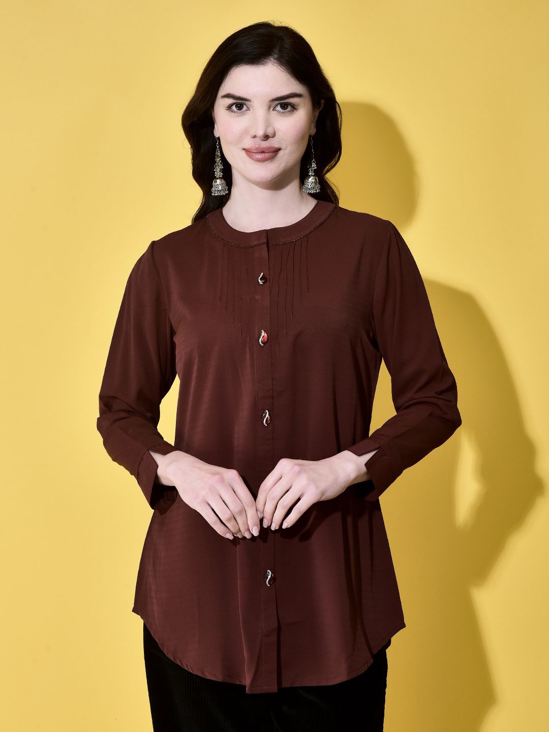 

FUTURO Women Solid Round Neck Top, Brown