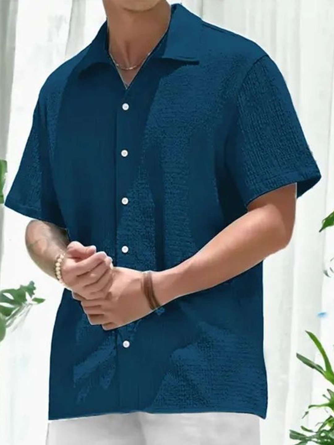 

iCome Men Spread Collar Solid Casual Shirt, Blue