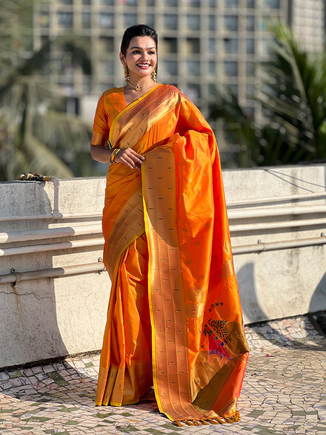 

Vintro Ethnic Motifs Zari Pure Silk Paithani Saree, Orange