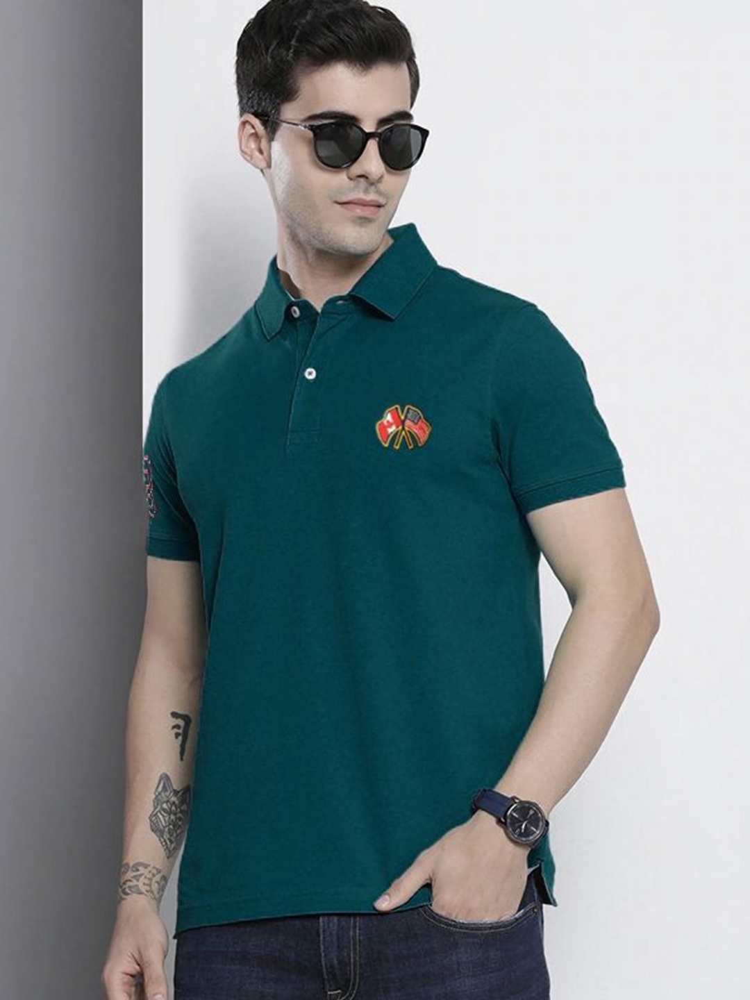 

MERRIMENT Men Solid Polo Collar Cotton T-shirt, Teal