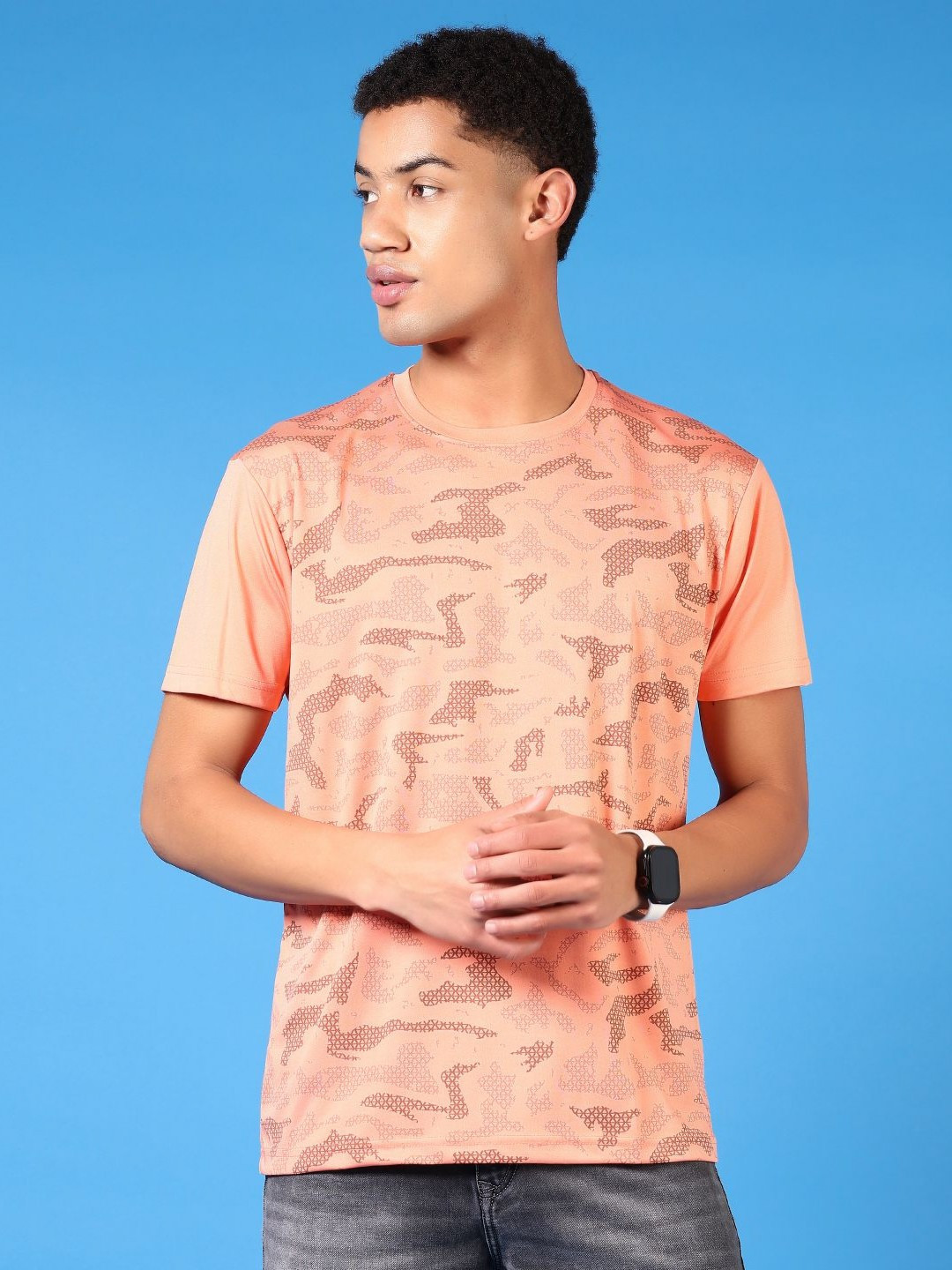 

V-Mart Men Abstract Printed Round Neck T-shirt, Peach