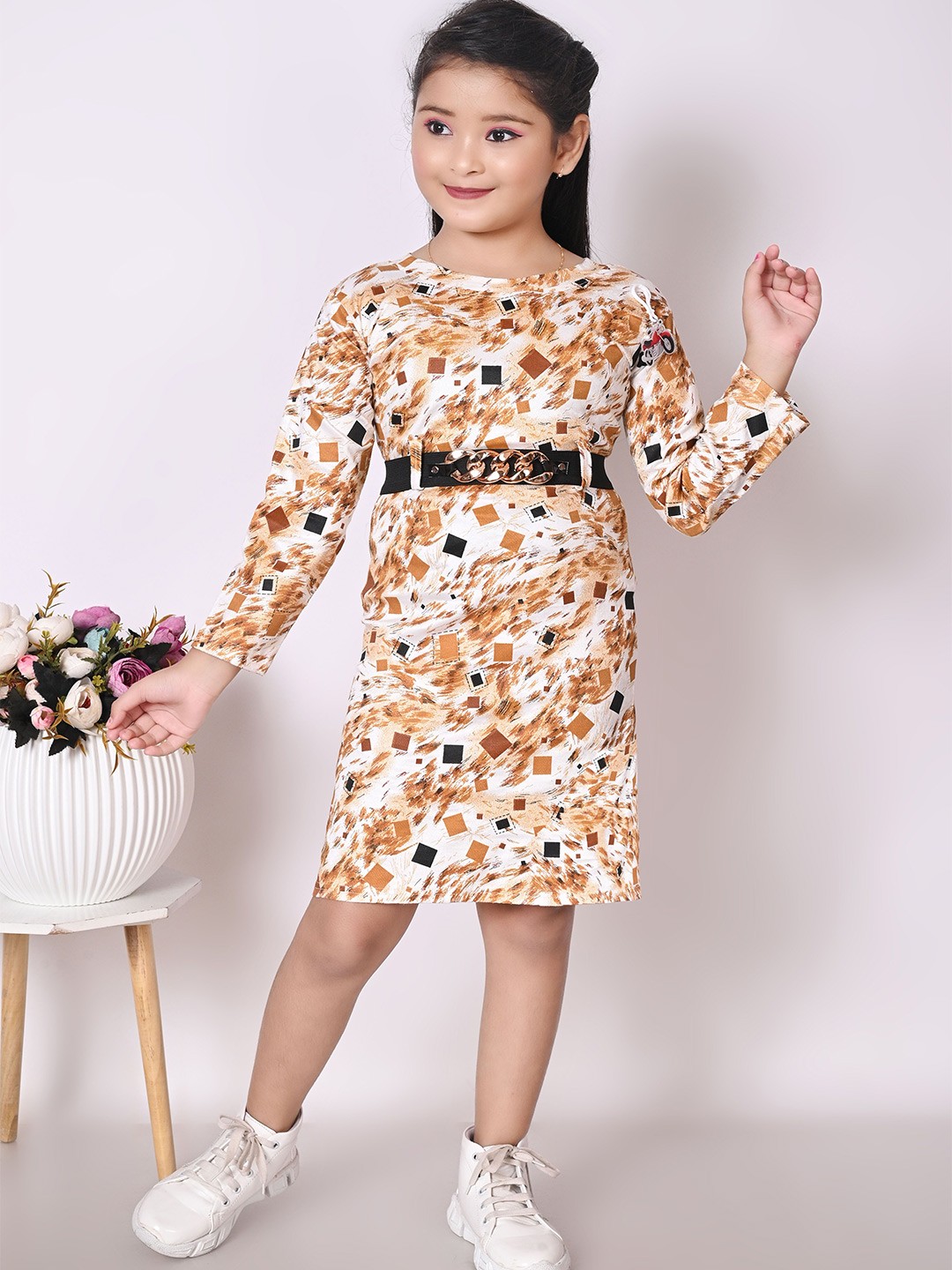

BARKAT DESIGNING PLANET Girl Printed Woollen Bodycon Dress Comes with a belt, Gold
