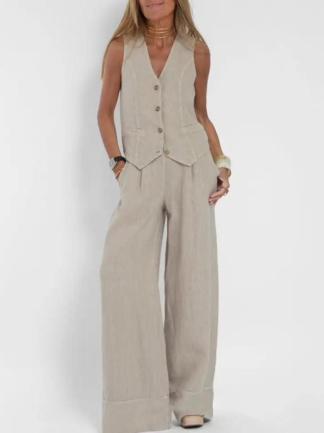 

Alamode By Akanksha Beige Laiden Statement Pure Cotton Vest Suit With Pants