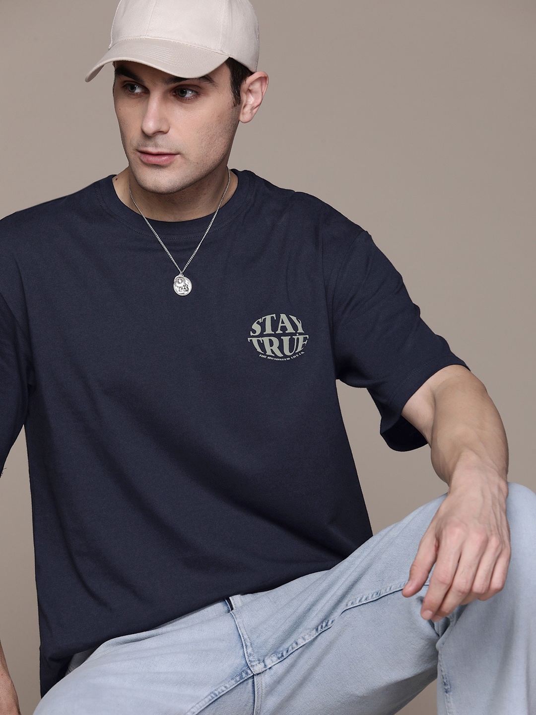 

The Roadster Lifestyle Co. Relaxed Fit Printed Detail Pure Cotton T-shirt, Navy blue
