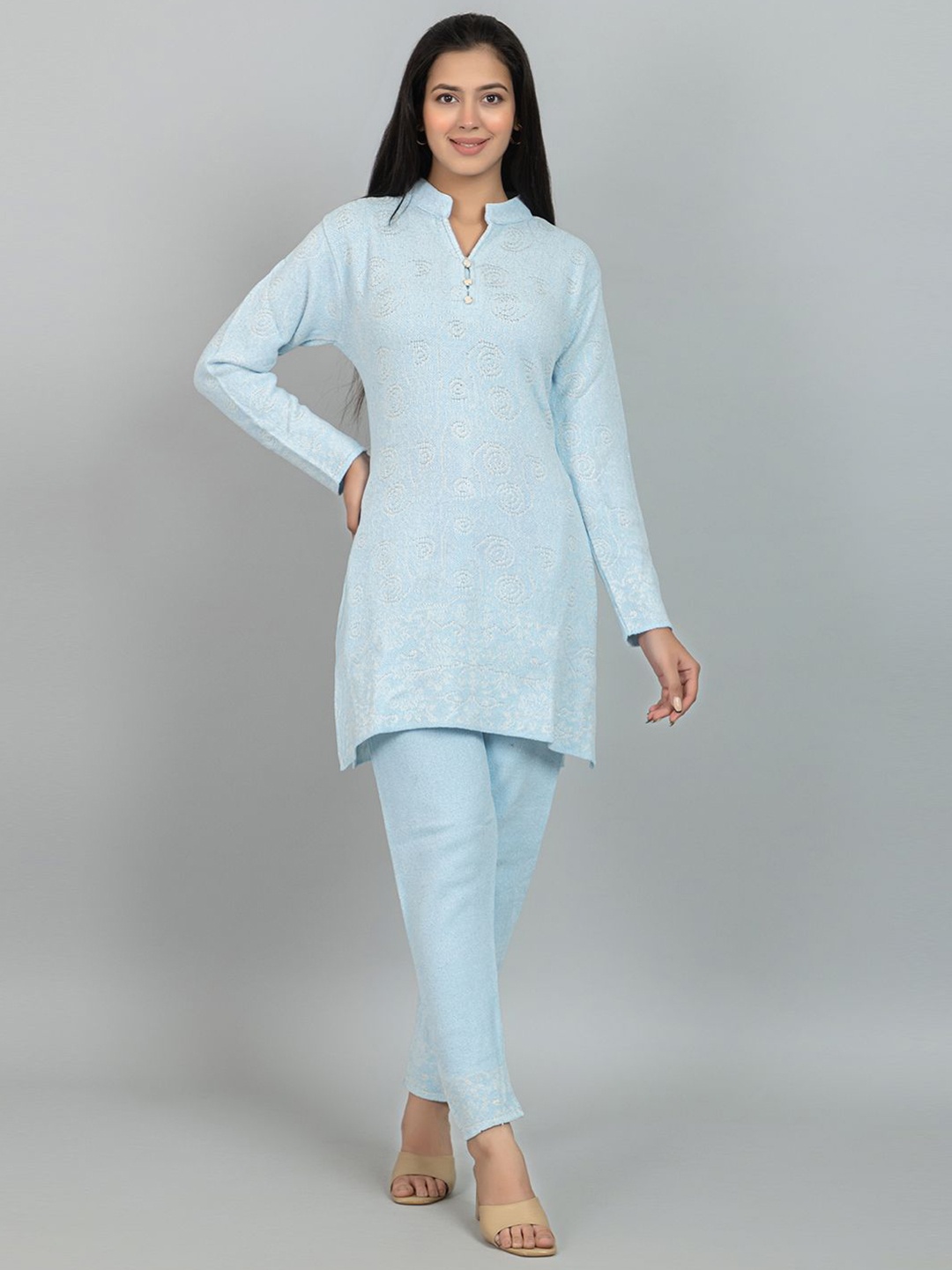 

Wool's Kart Self Design Mandarin Collar Tunic With Trouser, Blue
