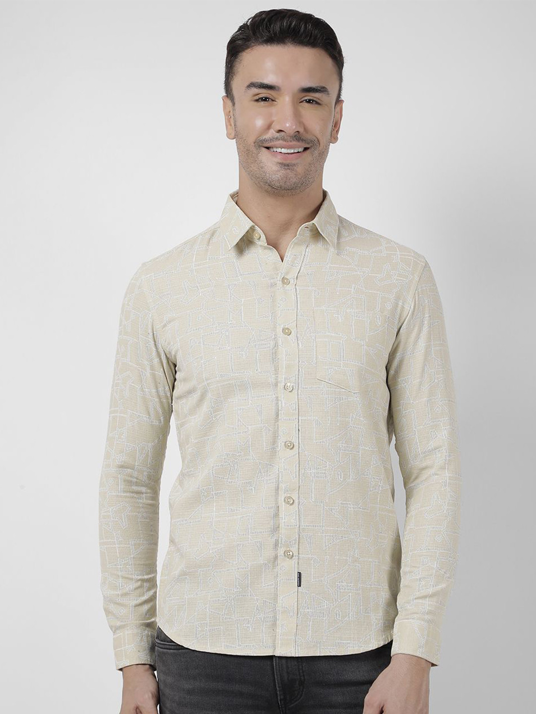

Numero Uno Men Slim Fit Spread Collar Abstract Printed Cotton Casual Shirt, Beige