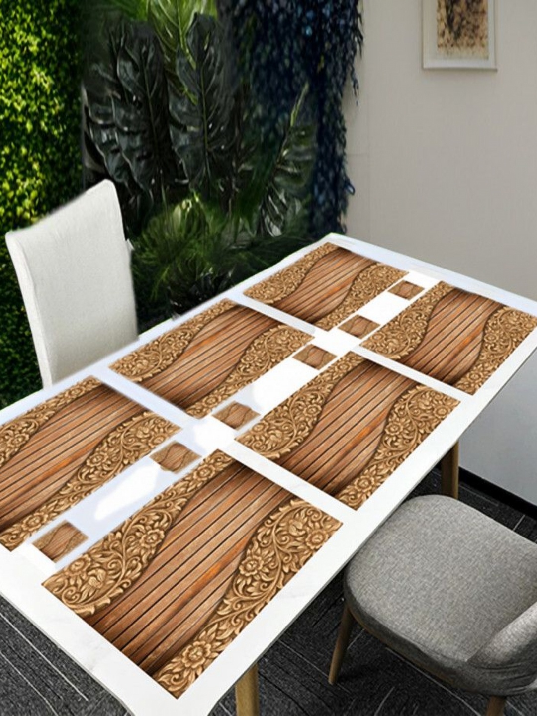 

REVEXO Brown & Beige 12 Pcs Printed Rectangular Shaped Coasters & Table Placemats