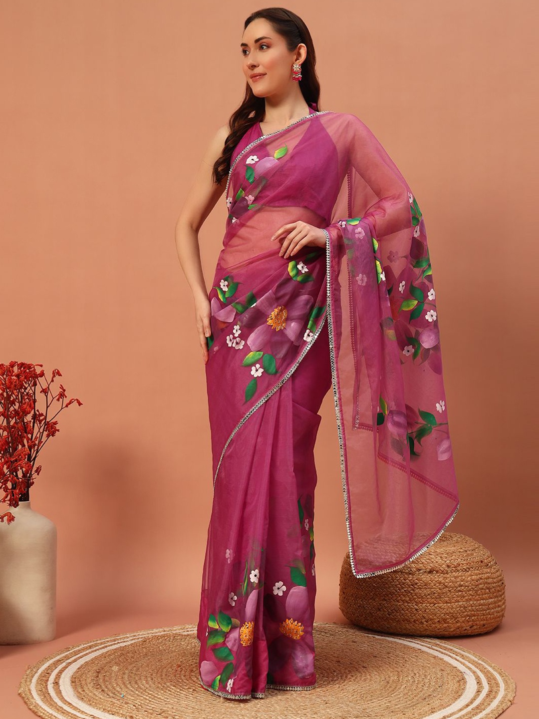 

Meeranshi Floral Hand Printed Mirror Work Organza Saree, Magenta