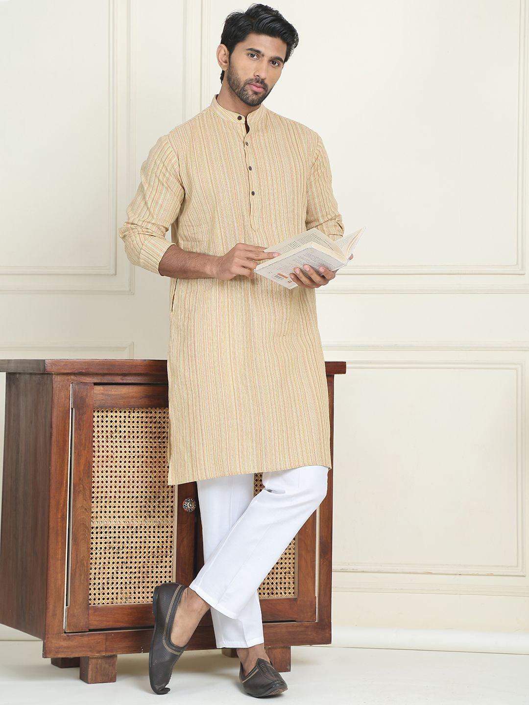 

Anouk Beige Striped Woven Design Mandarin Collar Straight Kurta With Pyjamas