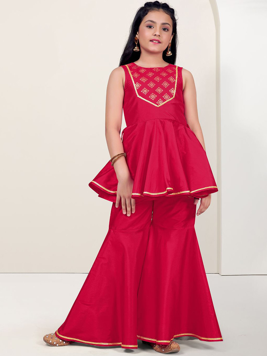 

Sangria Girls Red Foil Yoke Design Peplum Anarkali Kurta With Sharara