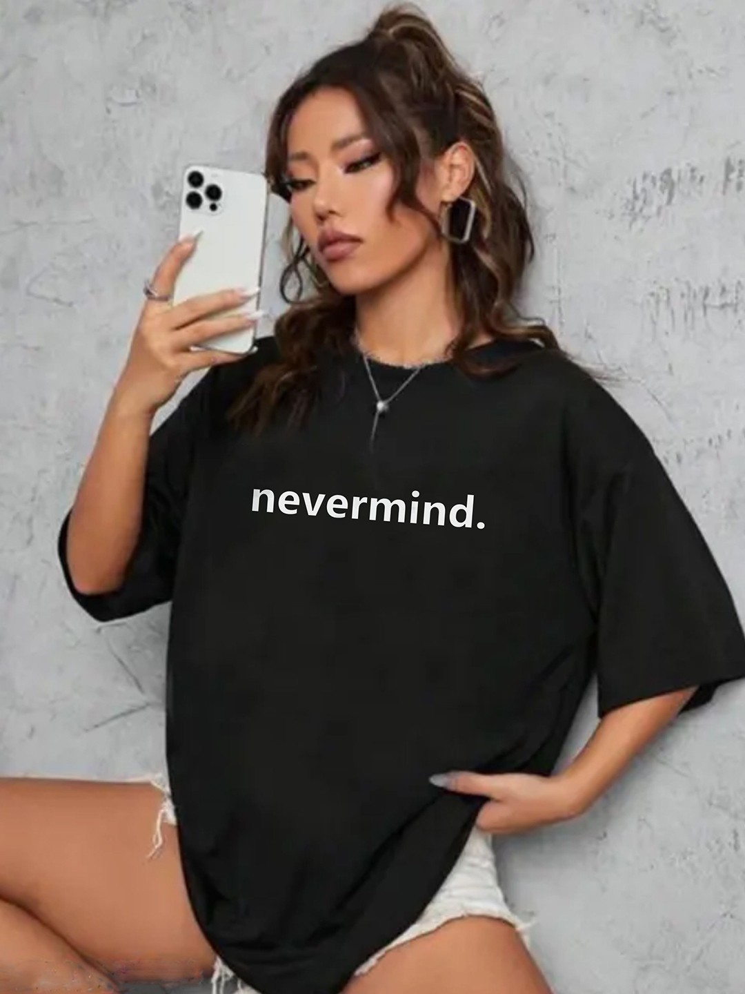 

TOGS & TERRE Women Typography Printed Round Neck Cotton Oversized T-shirt, Black