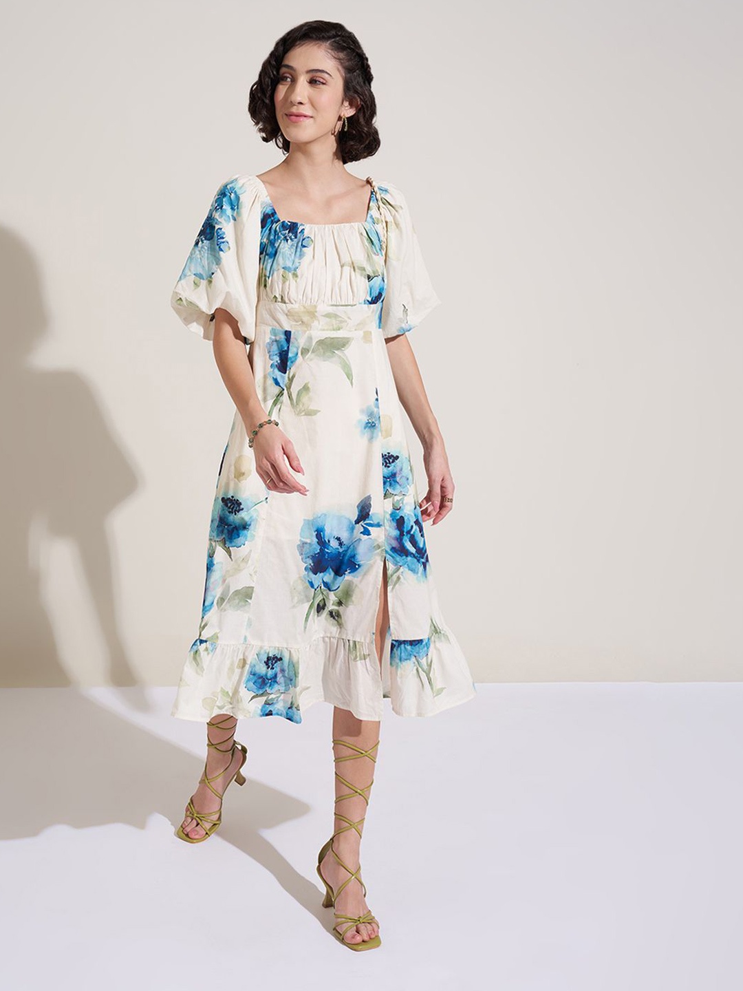 

Honey by Pantaloons Women Floral Printed Flared Sleeve A-Line Midi Dress, Off white