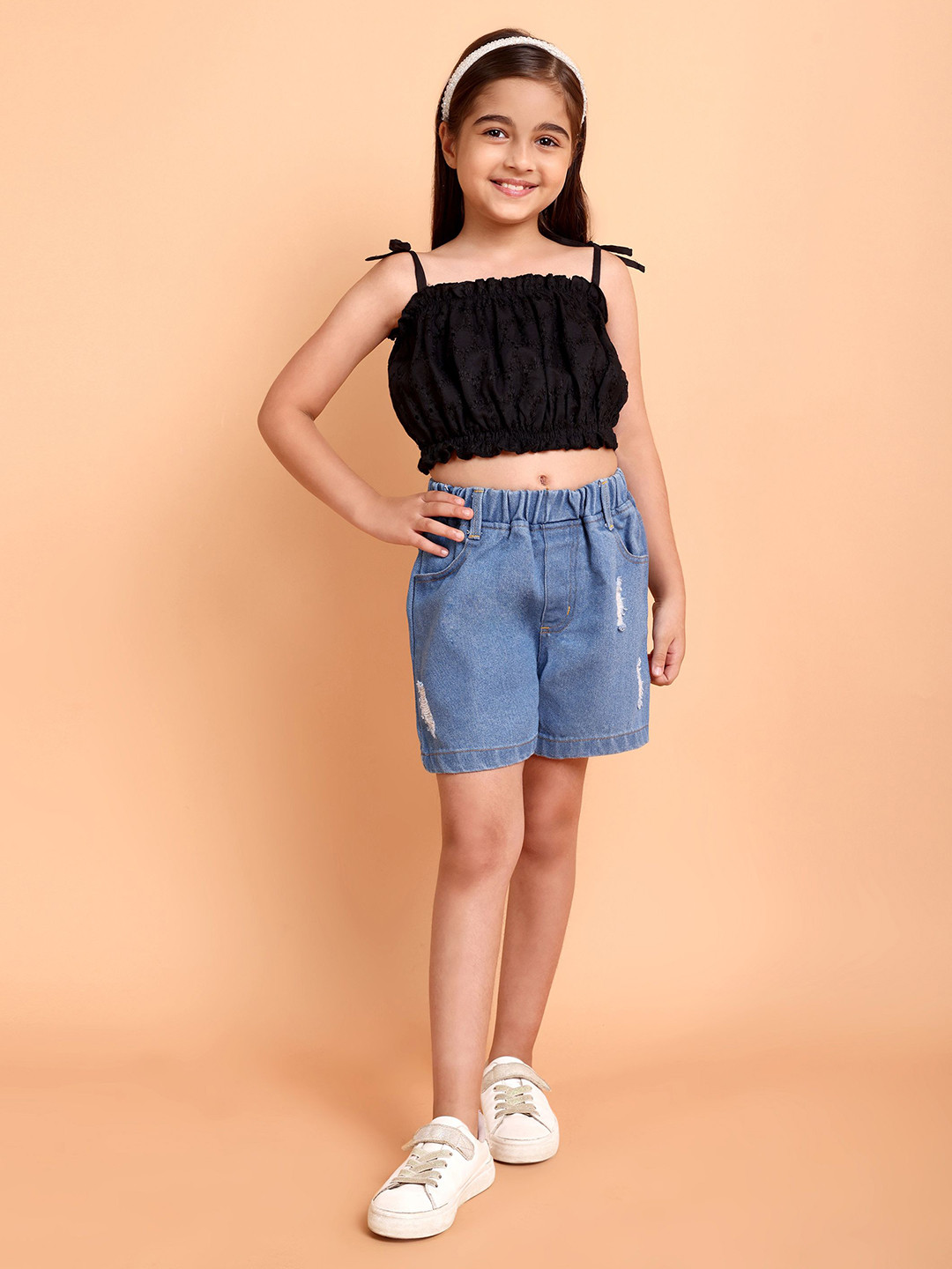 

YK Girls Schiffli Shoulder Straps Pure Cotton Top With Shorts, Black