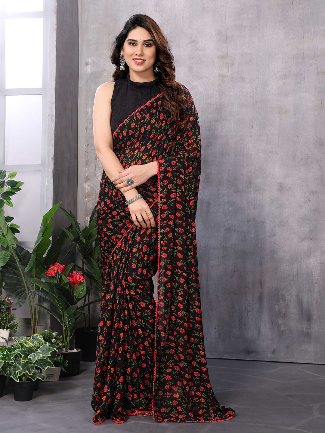 

DIVASTRI Floral Embroidered Poly Georgette Ready to Wear Saree, Black