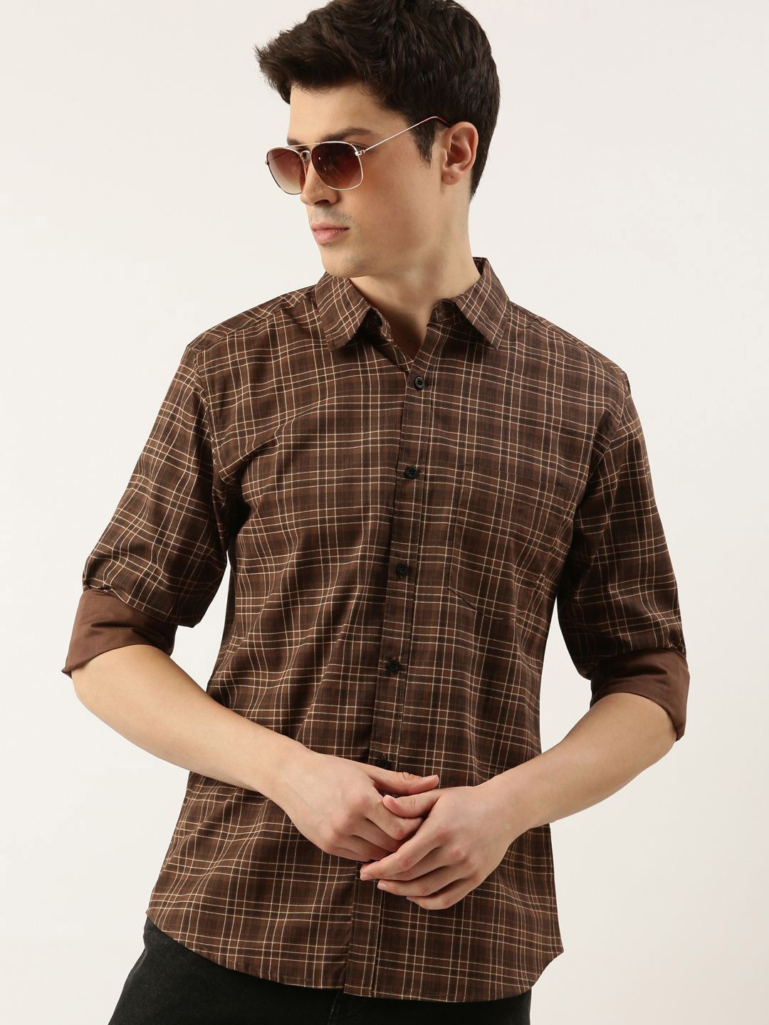 

Provogue Men Spread Collar Grid Tattersall Checked Cotton Casual Shirt, Brown