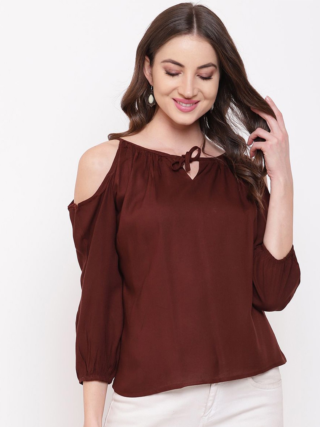 

DressBerry Women Solid Keyhole Neck Top, Brown