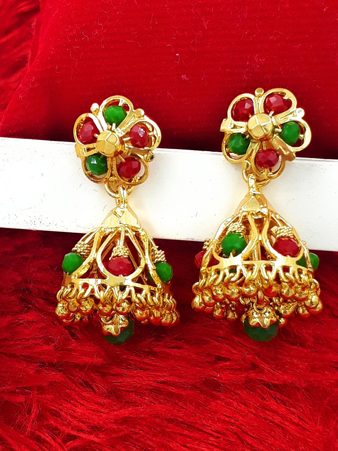

Anujeet Fashion Hub Gold Plated Artificial Beads Beaded Dome Shaped Impon Jhumkas, Green