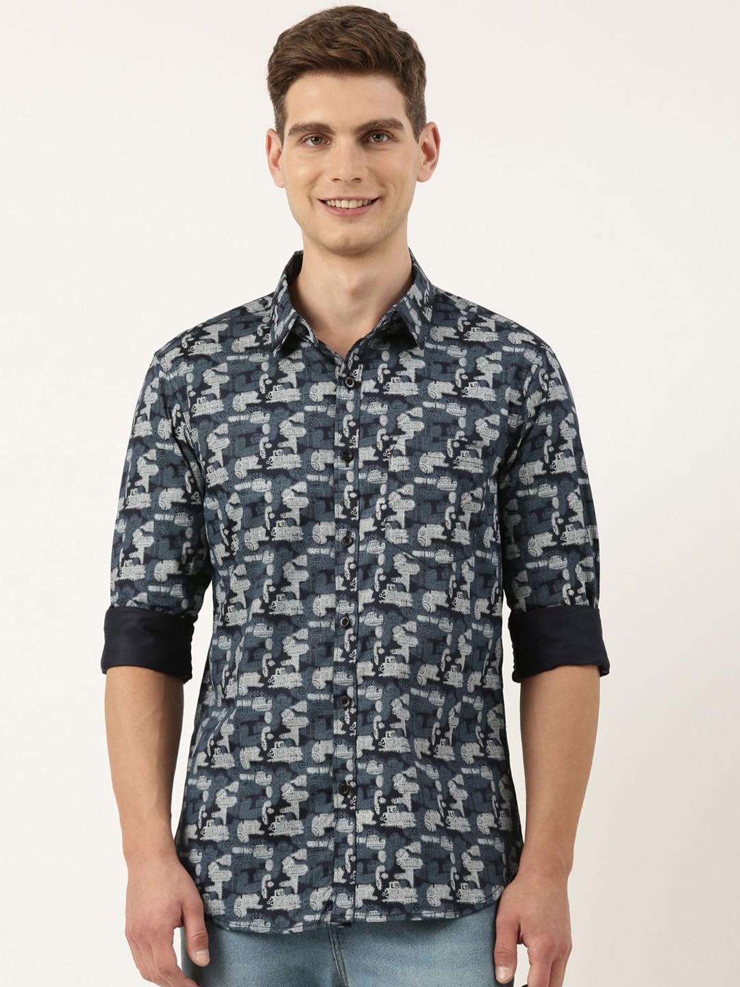 

Provogue Men Spread Collar Abstract Printed Cotton Casual Shirt, Black