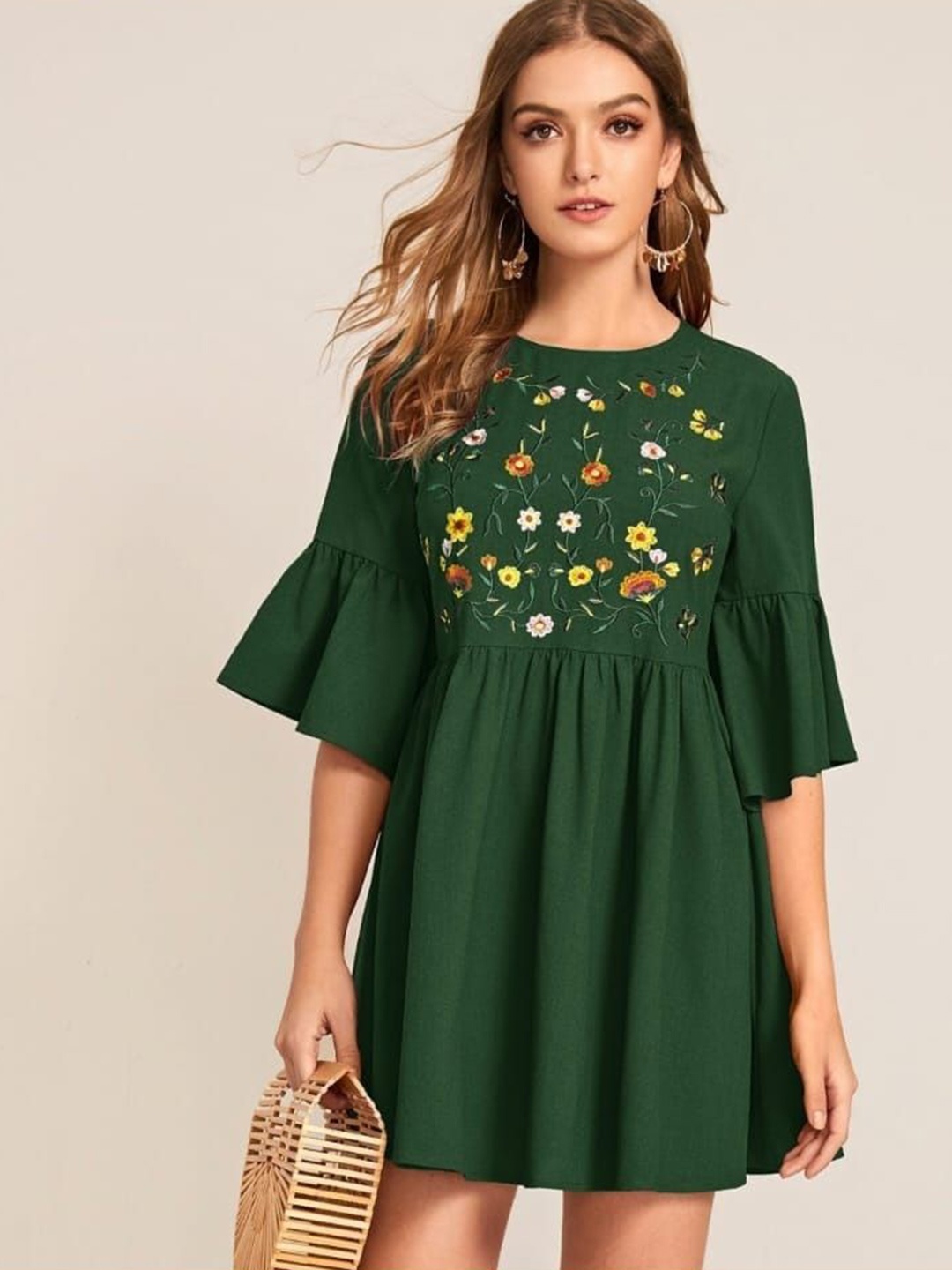 

AAFAMI Embroidered Floral Print Cotton Round Neck Top, Green