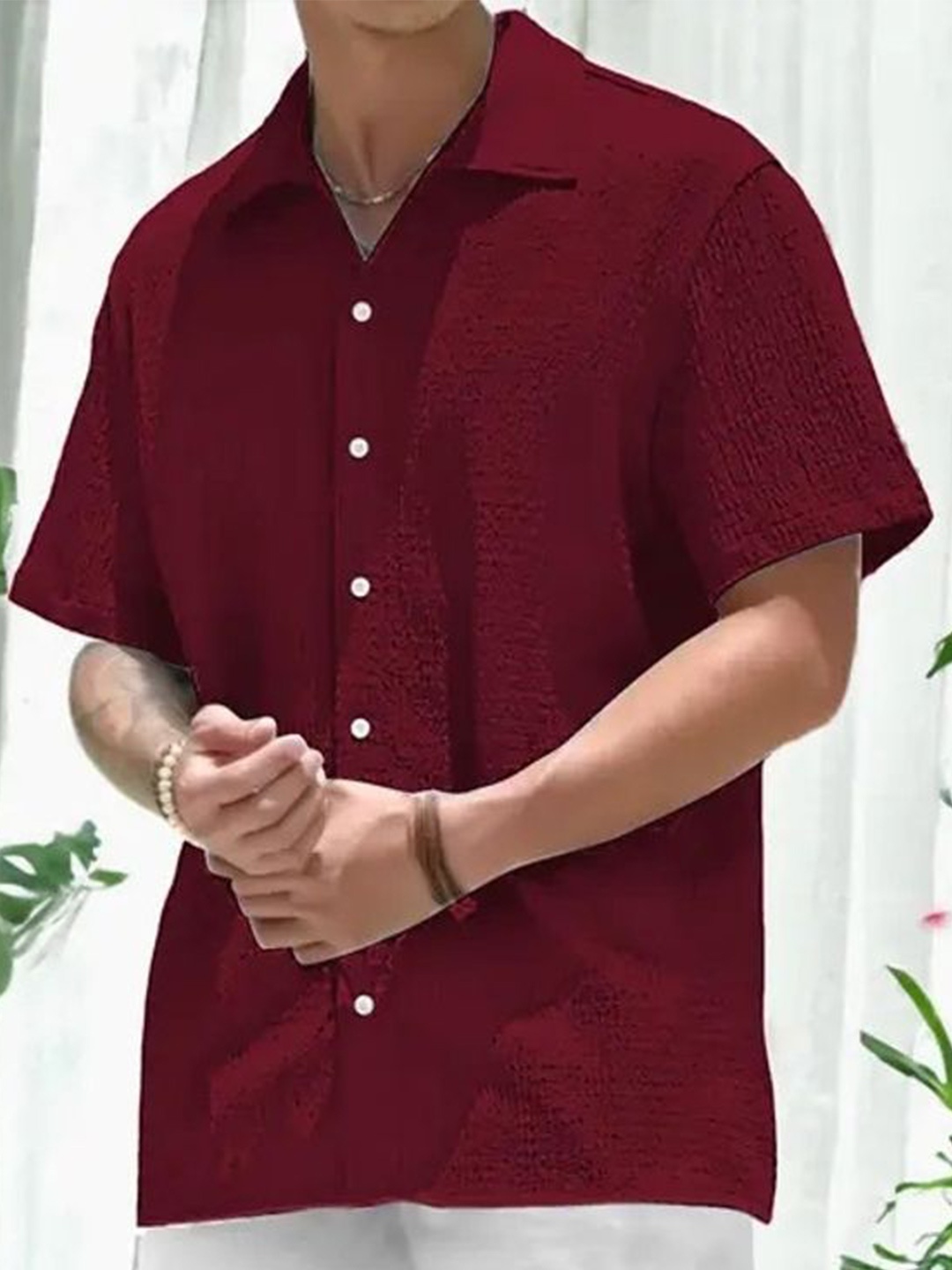 

iCome Men Spread Collar Textured Cotton Linen Casual Shirt, Maroon