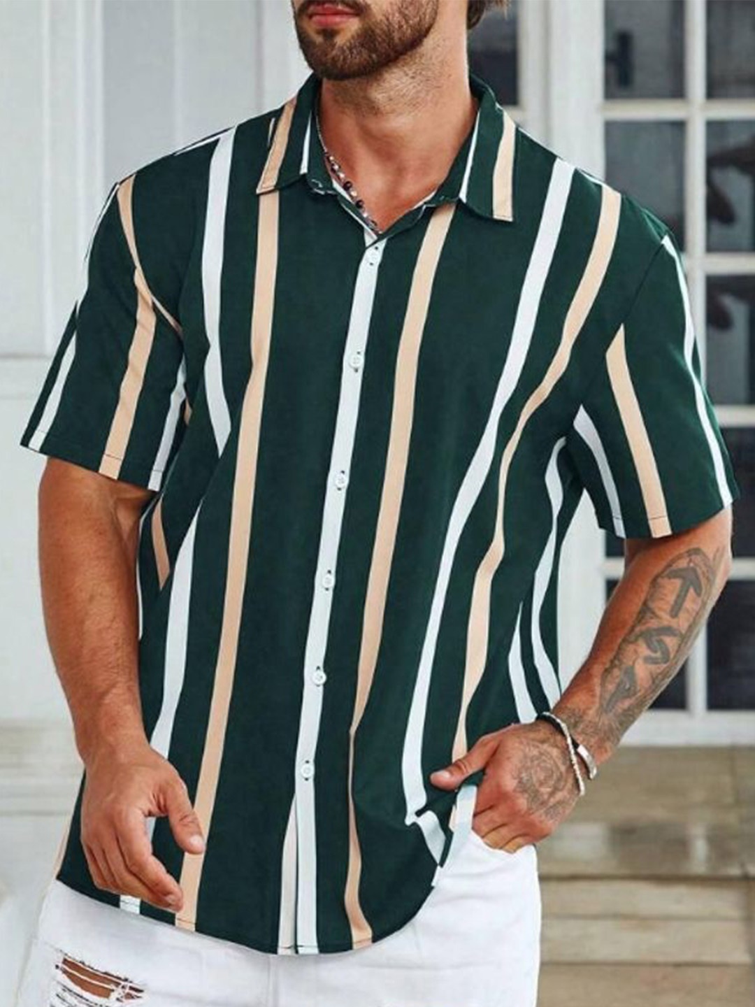 

iCome Men Spread Collar Vertical Striped Casual Shirt, Green