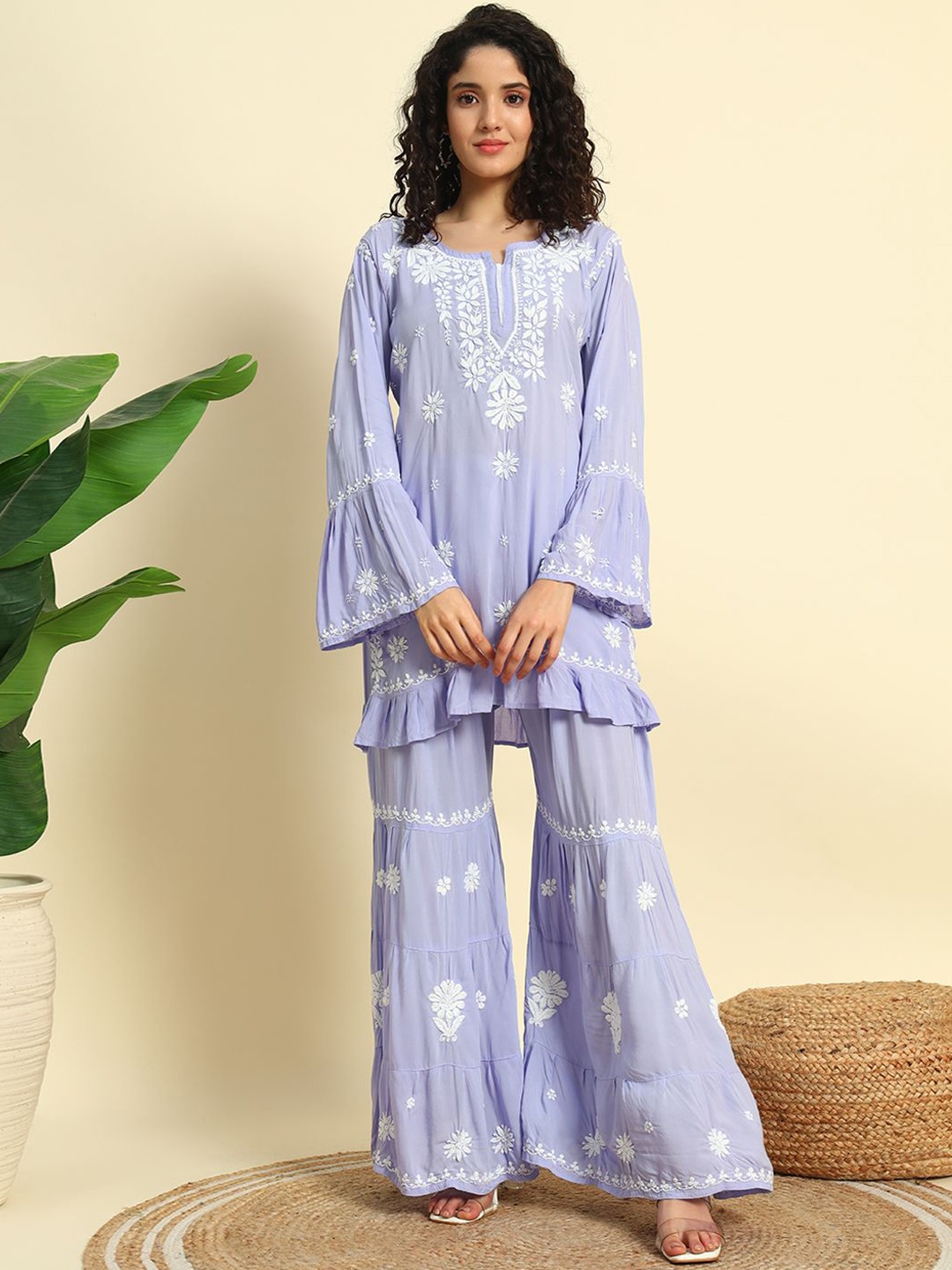 

Fashionable Floral Embroidered Chikankari Work Notch Neck Straight Kurta & Sharara, Lavender