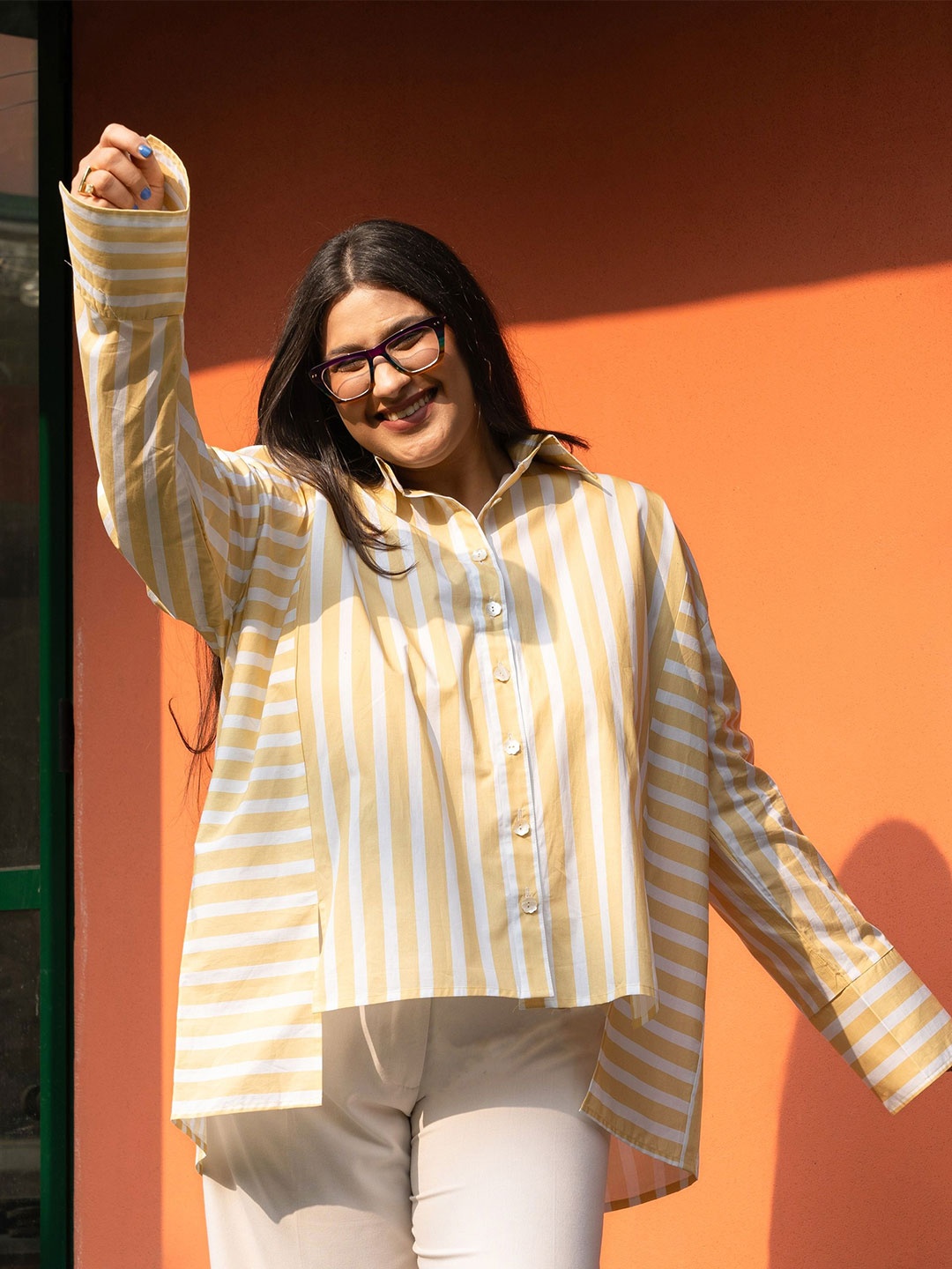 

GULABOSITABO Plus Size Striped Pure Cotton Oversized Shirt, Yellow