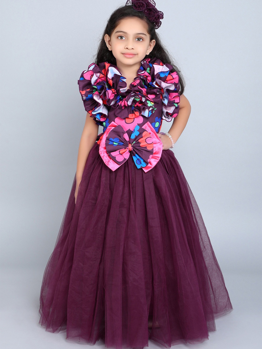 

Pink Chick Floral Printed Flutter Sleeve Ruffled Maxi Dress, Burgundy