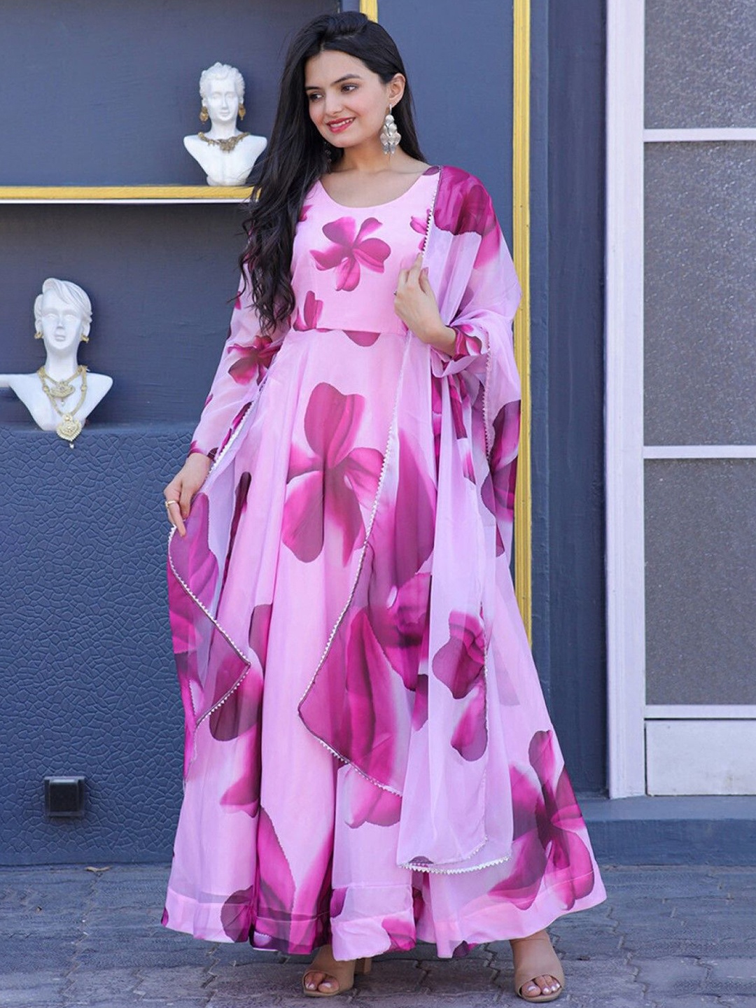 

Jash Creation Women Floral Printed Maxi Dress With Dupatta, Pink