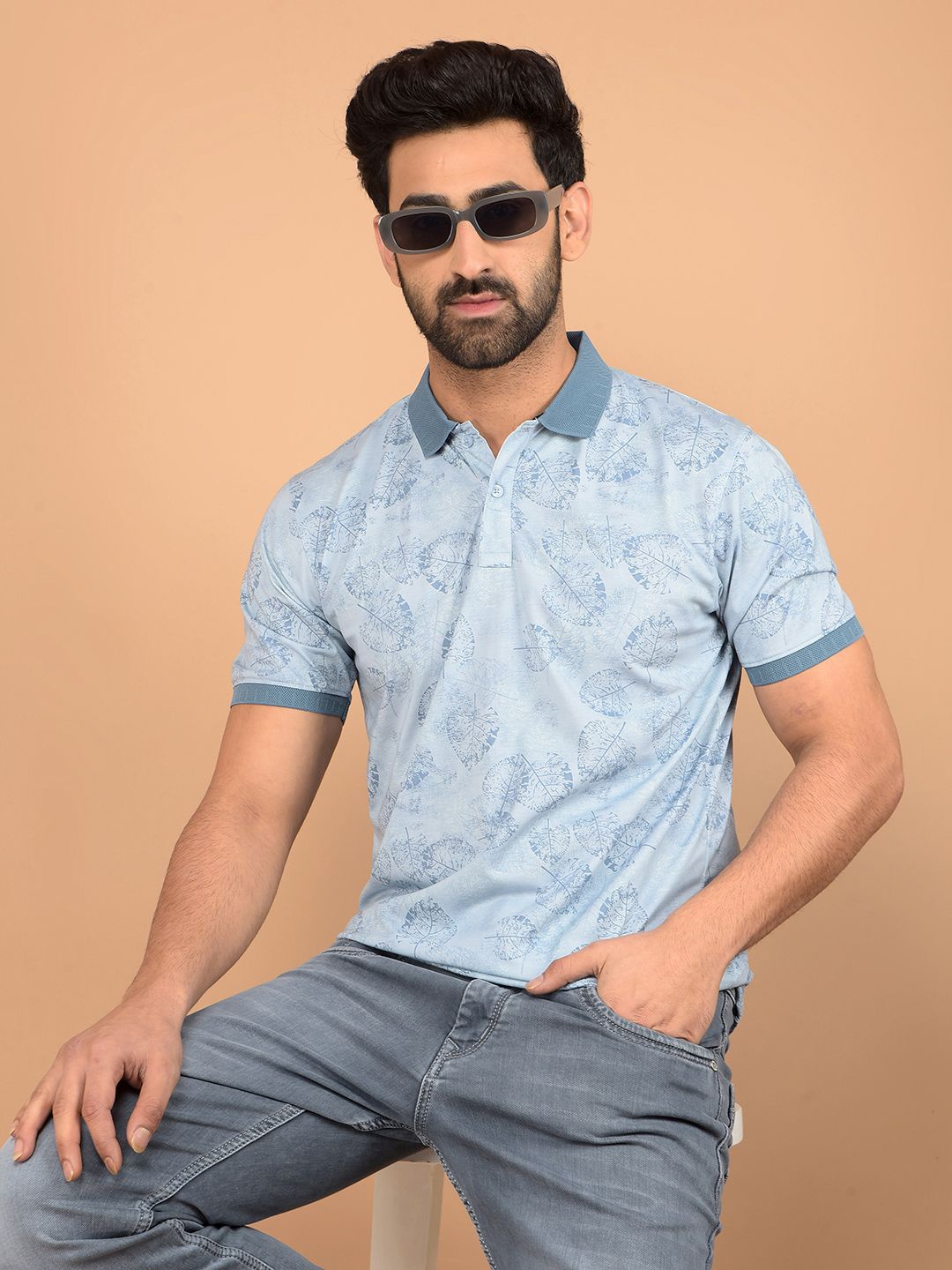 

Crimsoune Club Men Floral Printed Polo Collar Cotton Slim Fit T-shirt, Blue